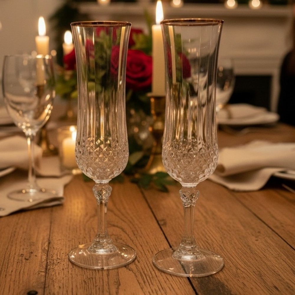 Cristal d'Arques Longchamp Gold Rim Crystal Champagne Flutes Set Of 2 FLAWED *
